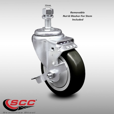 Service Caster 4 Inch SS Black Polyurethane Swivel 12mm Threaded Stem Caster with Brake SCC SCC-SSTS20S414-PPUB-BLK-TLB-M1215